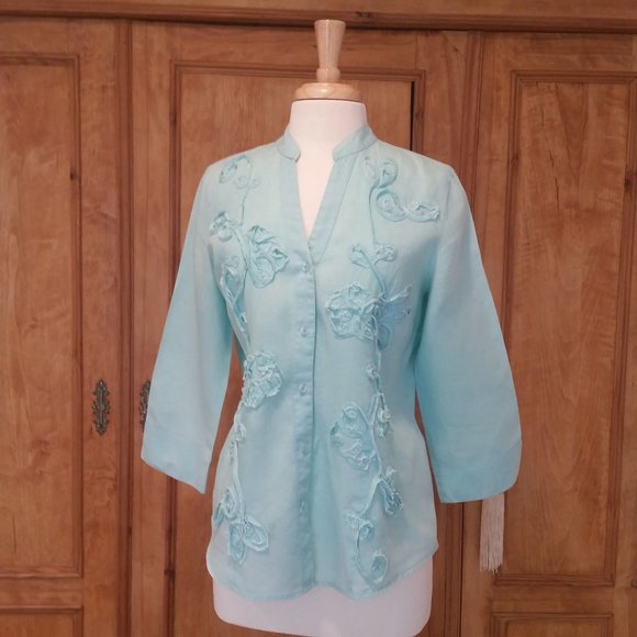 Charter Club 100% Linen Turquoise Blue Button Down Collarless TopSize 10 - Picture 2 of 7